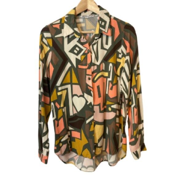 ❤️5/$25 SALE Big Dart Brown Orange Yellow Abstract Button Long Sleeve Blouse Top - Picture 1 of 9